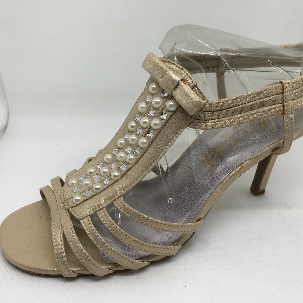 New York Transit Shimmer Gold Rhinestone & Pearls Dressy Strappy Sandal